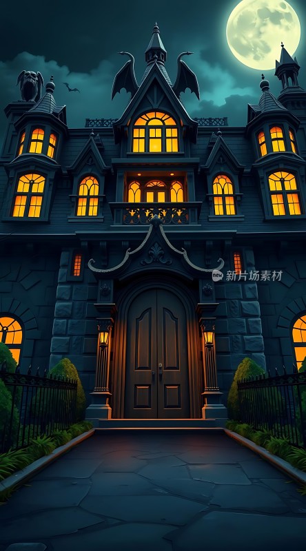 神秘古宅夜月映照