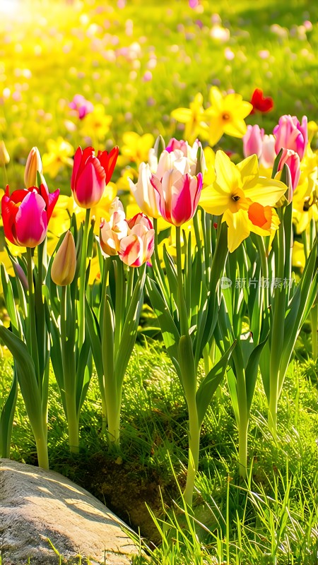 阳光下的郁金香与水仙花