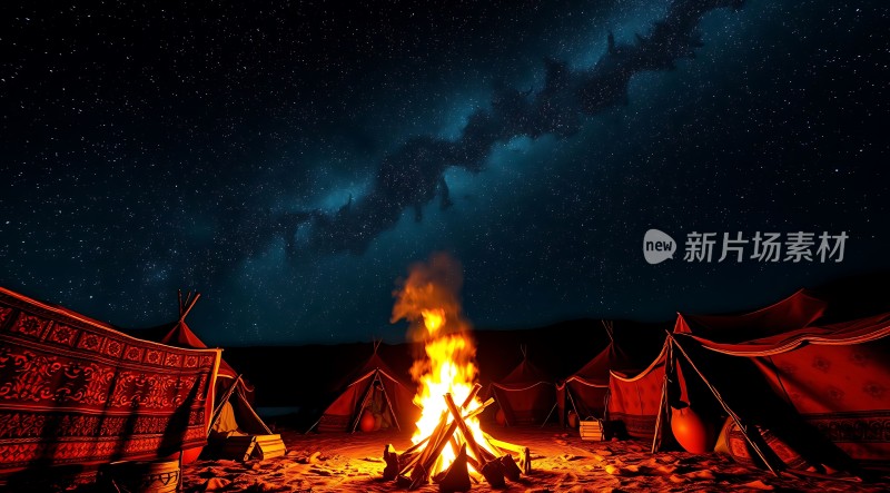 星空下的篝火旁帐篷与银河共舞