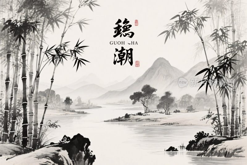 山水竹子水墨画