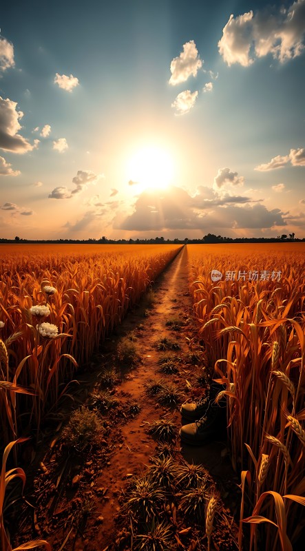 金色麦田日落时分的小径