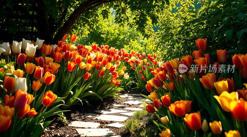 阳光下的郁金香小径