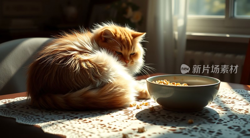 阳光下的橘猫与碗