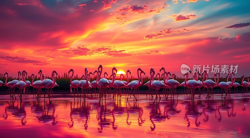 火红夕阳映照下的火烈鸟群