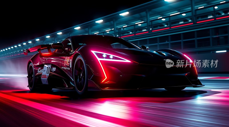 红色赛车疾驰赛道灯光闪耀速度与激情并存