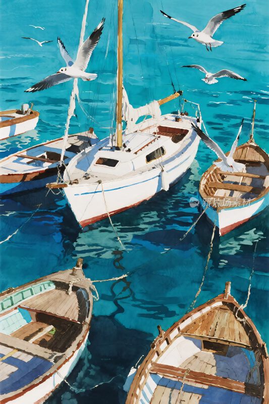 海面上停泊的船只与飞翔海鸥