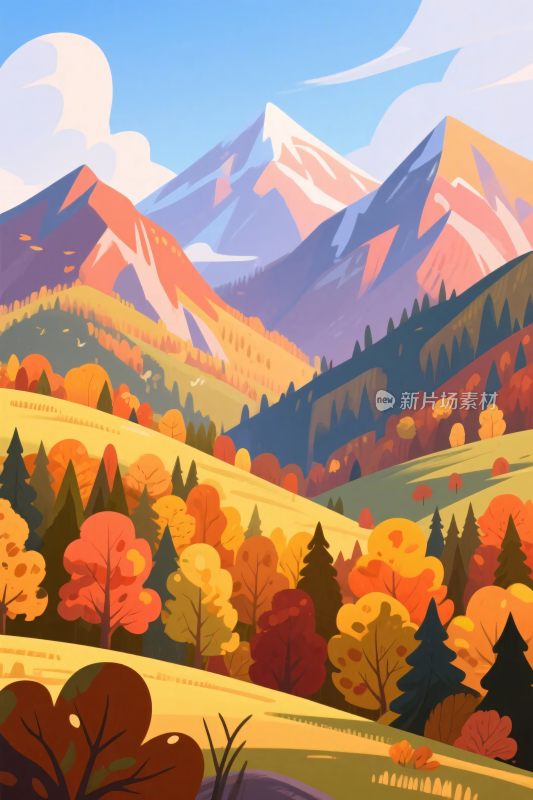 秋日山间美景插画