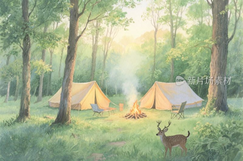 森林中的露营场景插画