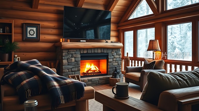 温馨木屋壁炉取暖舒适沙发自然美景