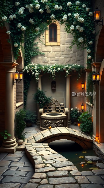 古色古香庭院石桥流水绿意盎然温馨灯光