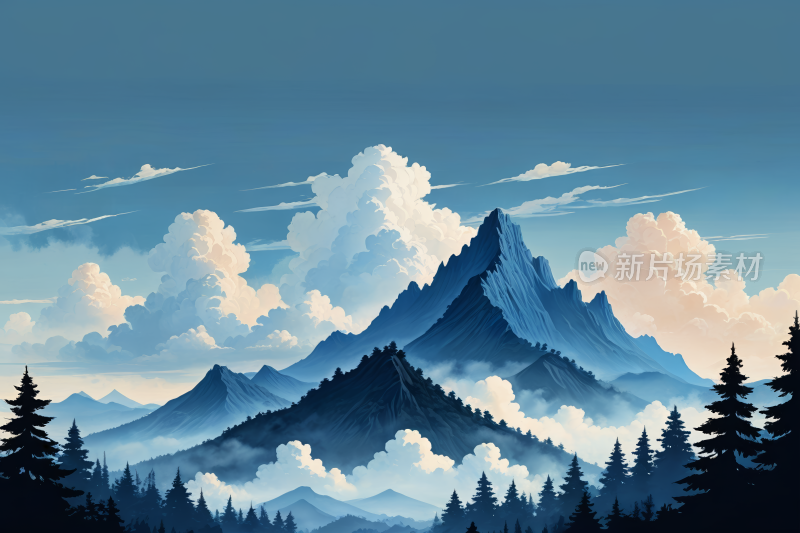 天空背景山高清风景插画图片