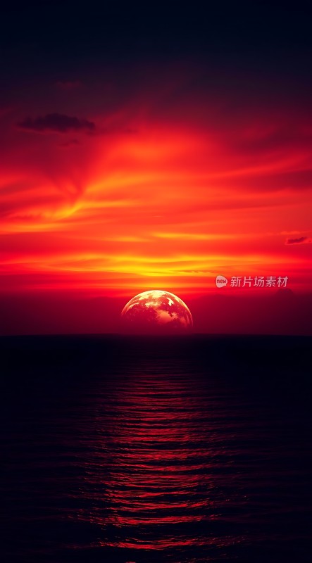 红霞映月海波光
