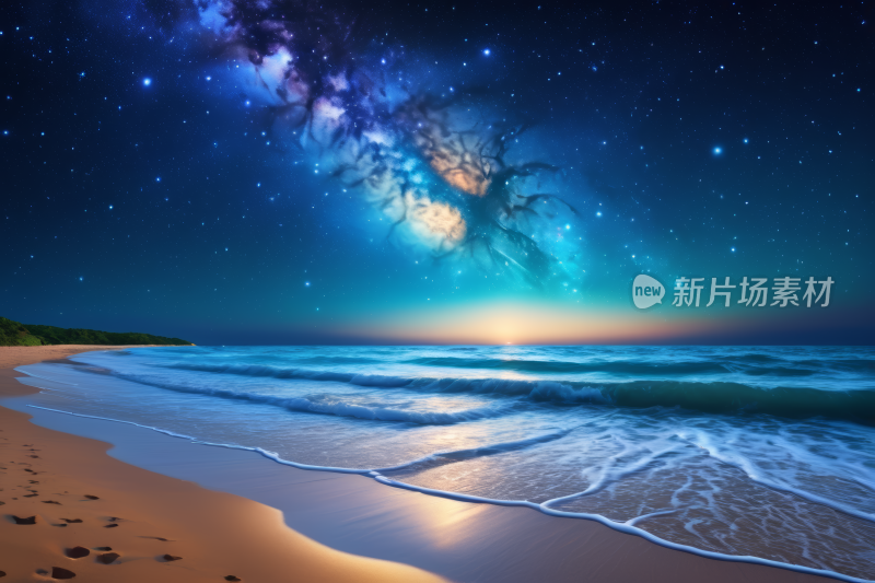 海洋和海滩上的星空夜空有脚印风景风光图片