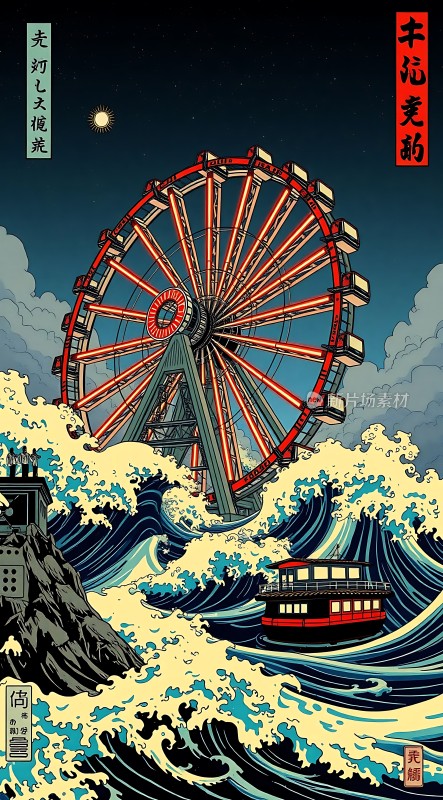 摩天轮与海浪的梦幻交织