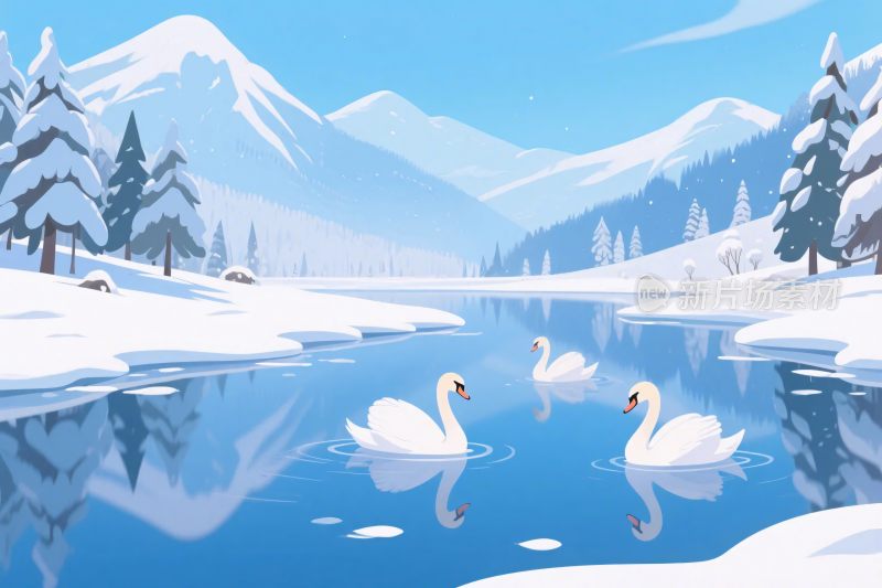 冬季山水天鹅插画