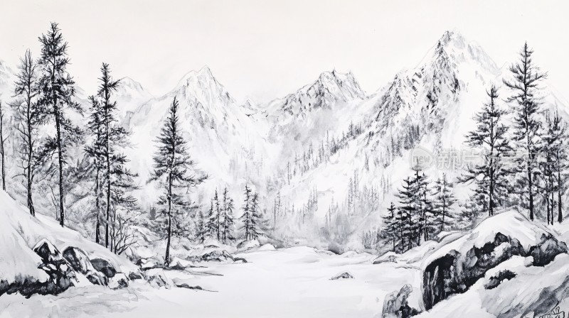 雪山画雪山画雪山水粉画