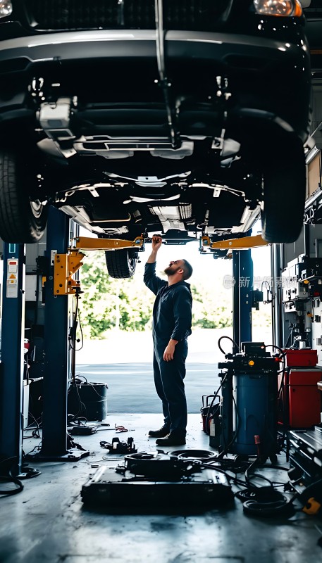 修车师傅专注检修车辆底部