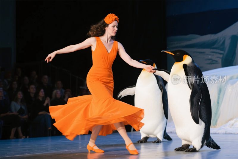女性与企鹅的舞台表演