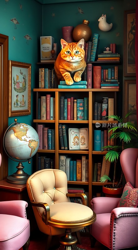 书架上的橘猫与复古书房