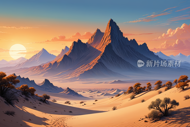 日落山脉和沙漠景观高清风景插画图片