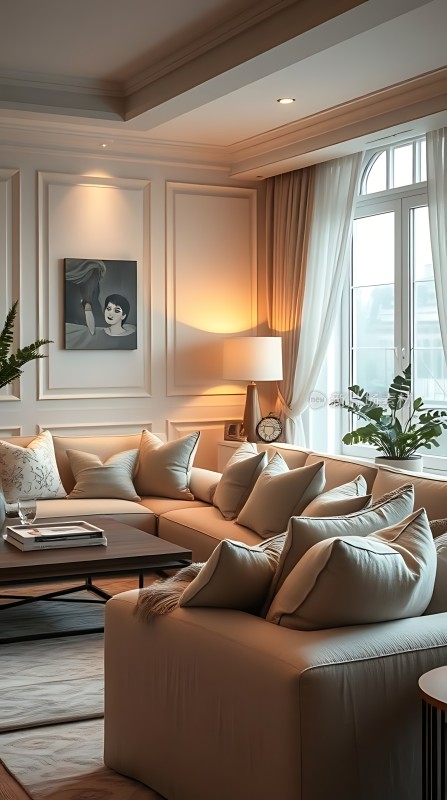 现代客厅温馨舒适米色沙发、简约装饰画和绿植点缀其中营造宁静优雅氛围