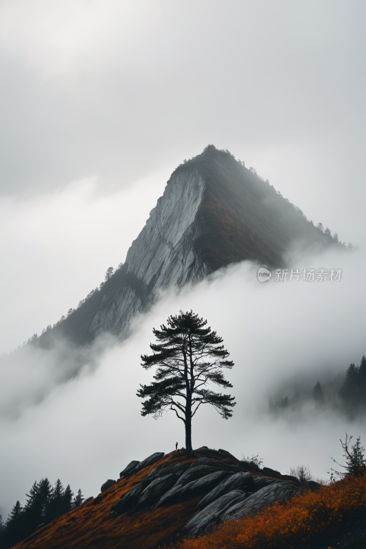 山上的一棵树被夷为平地天空雾蒙蒙风景图片