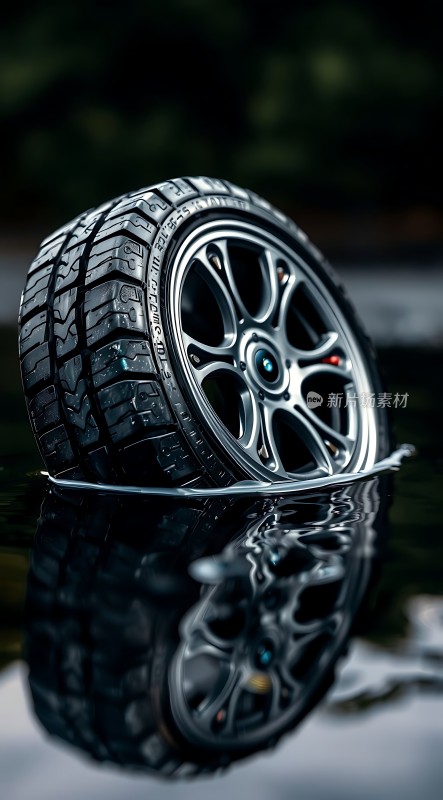 黑色轮胎与银色轮毂在水面上的倒影