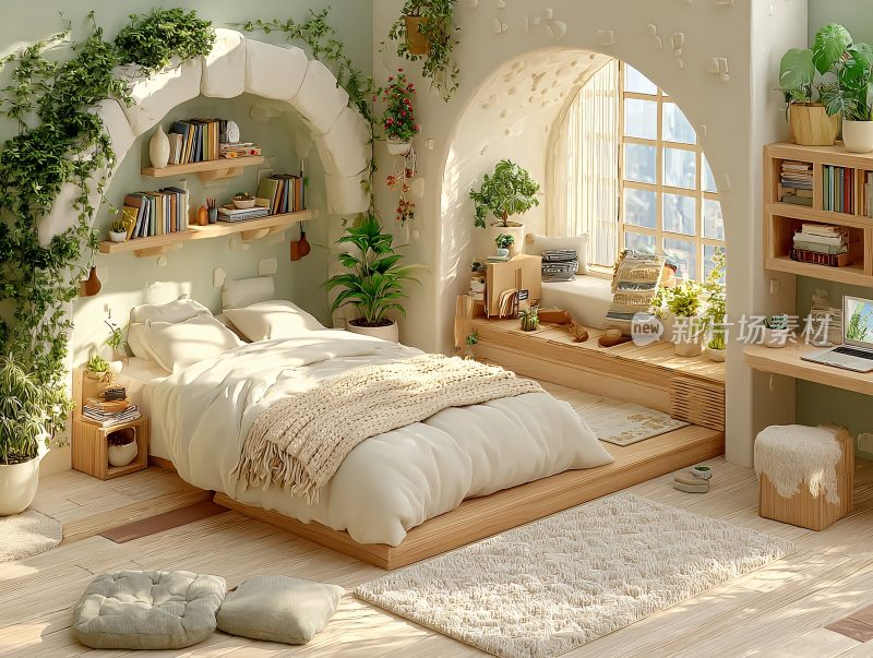 温馨绿植环绕的卧室室内场景