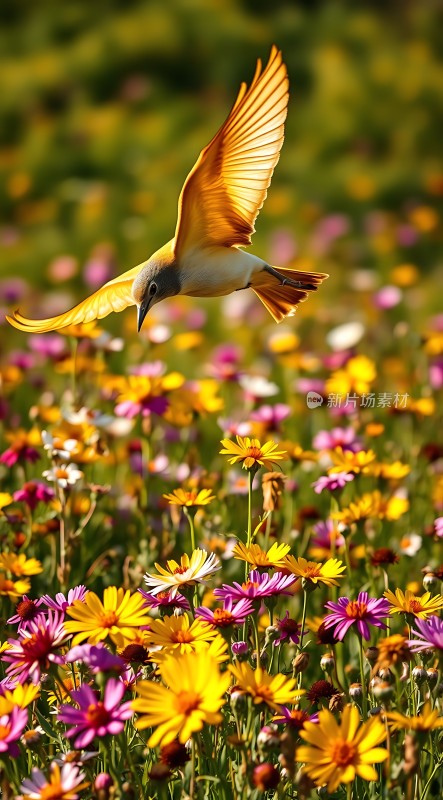阳光下的彩色花海与飞翔的黄鸟