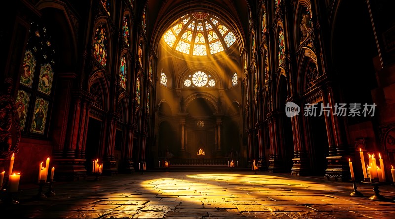 教堂内部光影交错蜡烛与阳光共舞