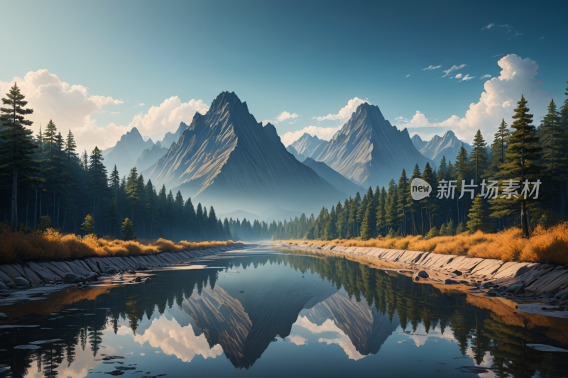 山倒映在树木和草丛环绕的湖泊中风景插画