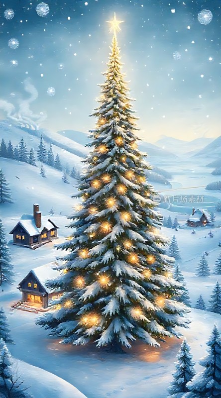 雪夜圣诞树下的温馨村庄