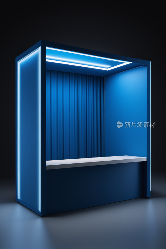 蓝色展位配有架子和窗帘背景图片