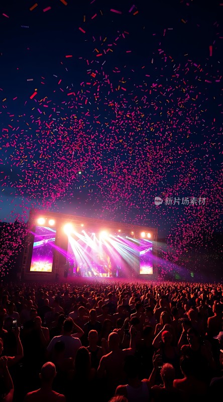 夜空下的音乐盛宴五彩斑斓的彩片与舞台灯光交相辉映热情的人群共同享受这场视听盛宴
