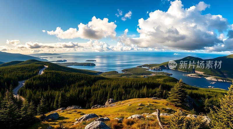 蓝天白云下的绿色山丘与蓝色湖泊