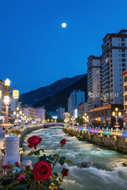 夜晚城市河流风景图