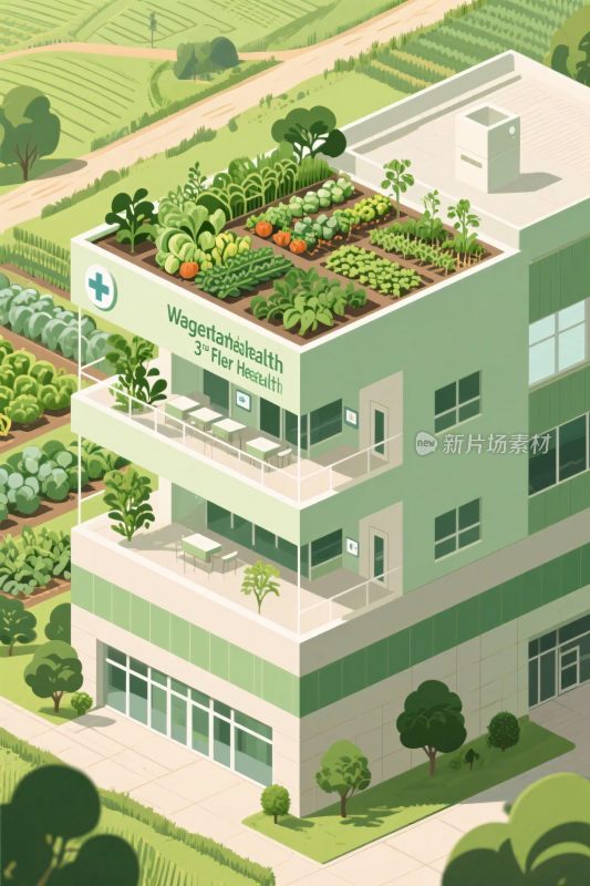 医院屋顶绿化插画