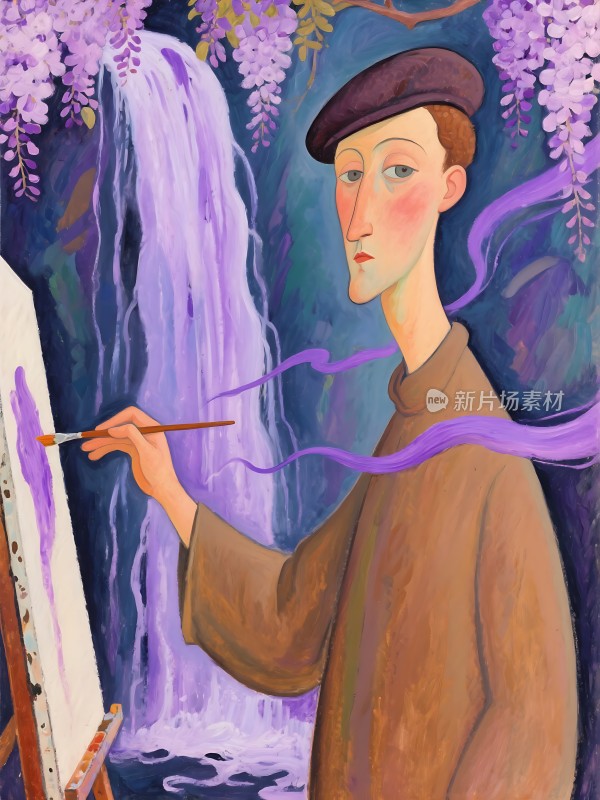 紫藤瀑布下的画家创作