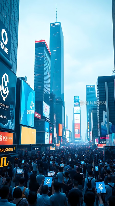 繁华都市夜幕降临摩天大楼灯火辉煌人群熙攘广告牌林立