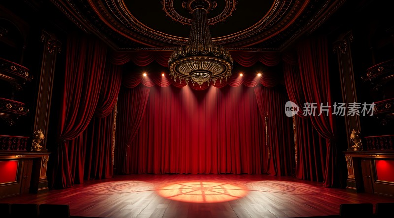 华丽剧院舞台红幕布与吊灯
