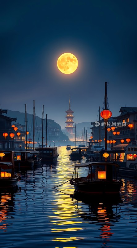 月下古街水乡船影