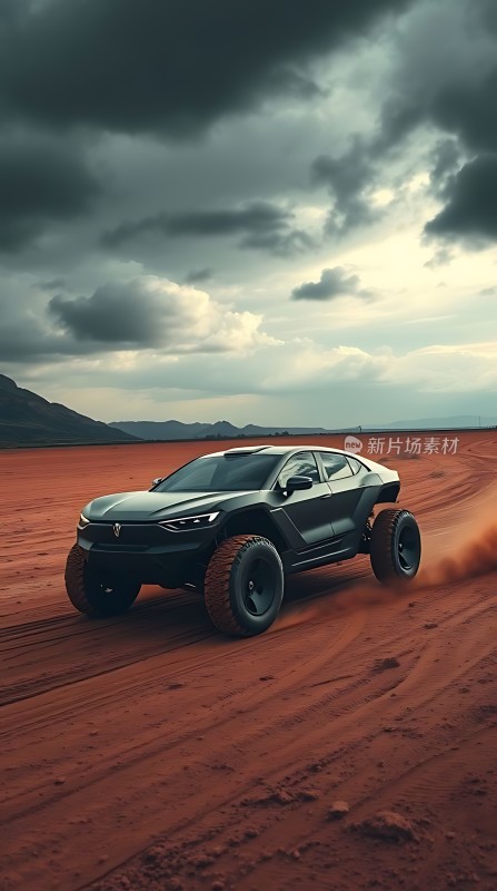 黑色越野车驰骋在红色沙漠中
