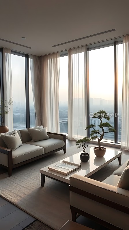 现代简约客厅阳光洒落绿植点缀舒适宁静