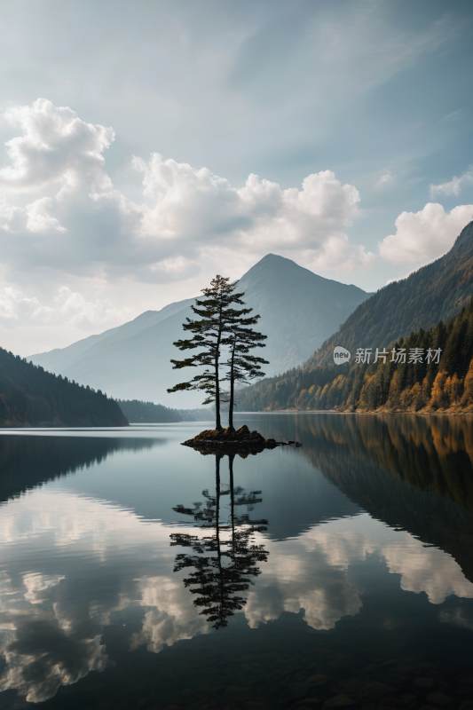 湖中央的一个小岛上一棵孤树高清风景图片