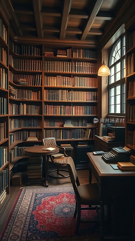 古色古香的书房木质书架与地毯