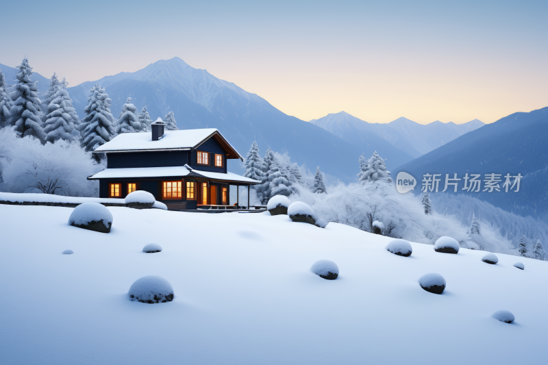 山中房子的雪景山脉高清背景图片