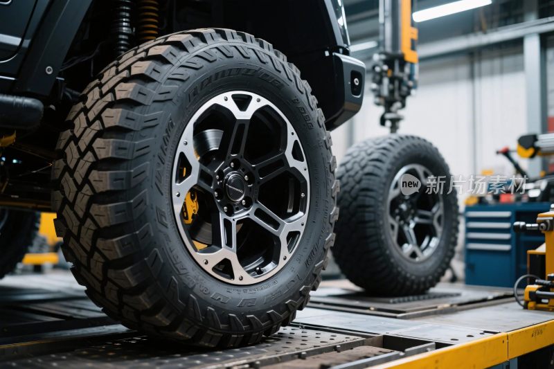 车间内的越野车轮特写