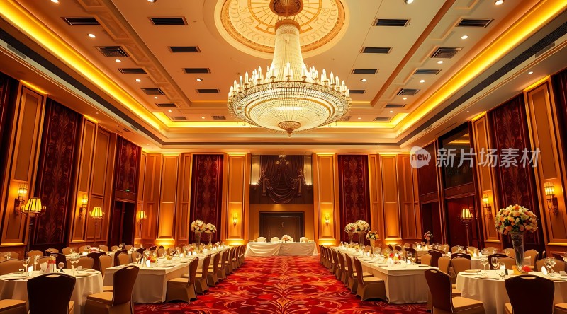 豪华宴会厅金碧辉煌红毯铺地水晶吊灯璀璨夺目