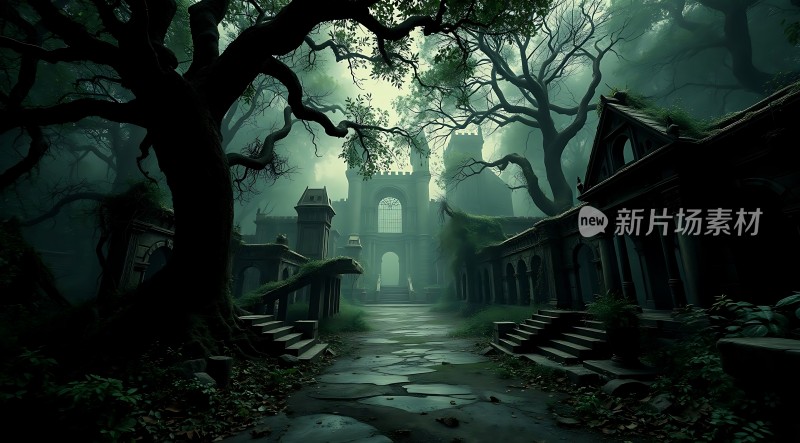 古堡迷雾神秘森林中的古老遗迹