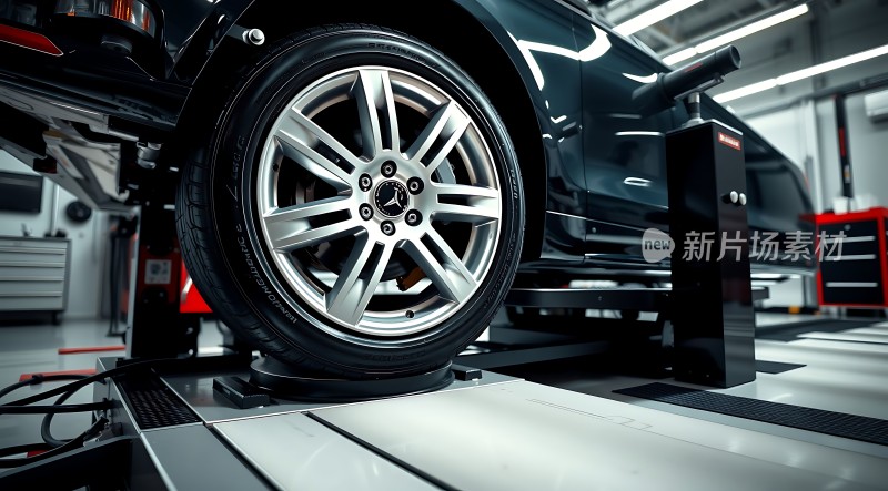 汽车维修车间里的轮胎特写